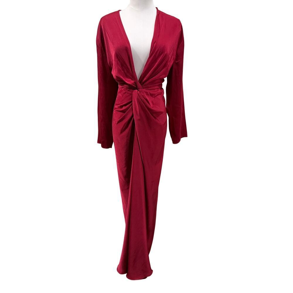 Mango Red Burgundy Satin Knot Front Maxi Dress Deep V Long Sleeve Sexy Cocktail - Picture 2 of 10